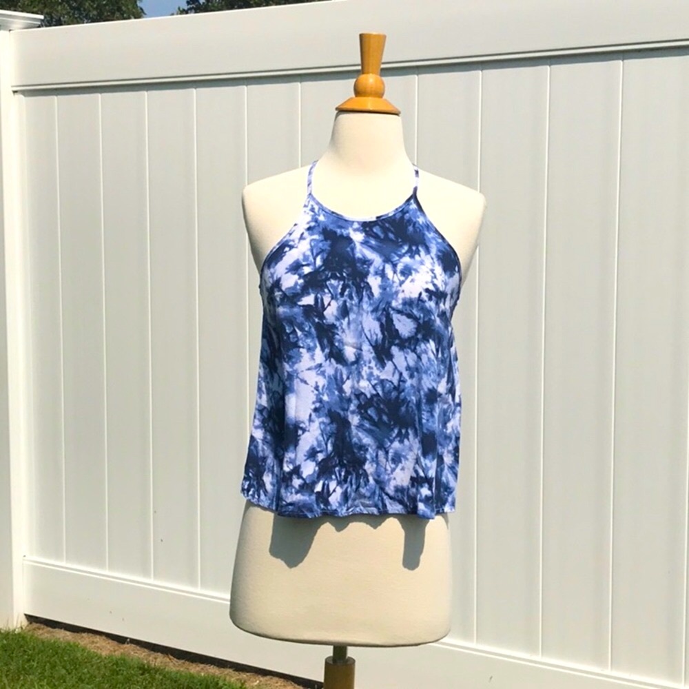 NWOT No Boundaries Navy Blue and White Tie Dye Halter Tank Top Size Small